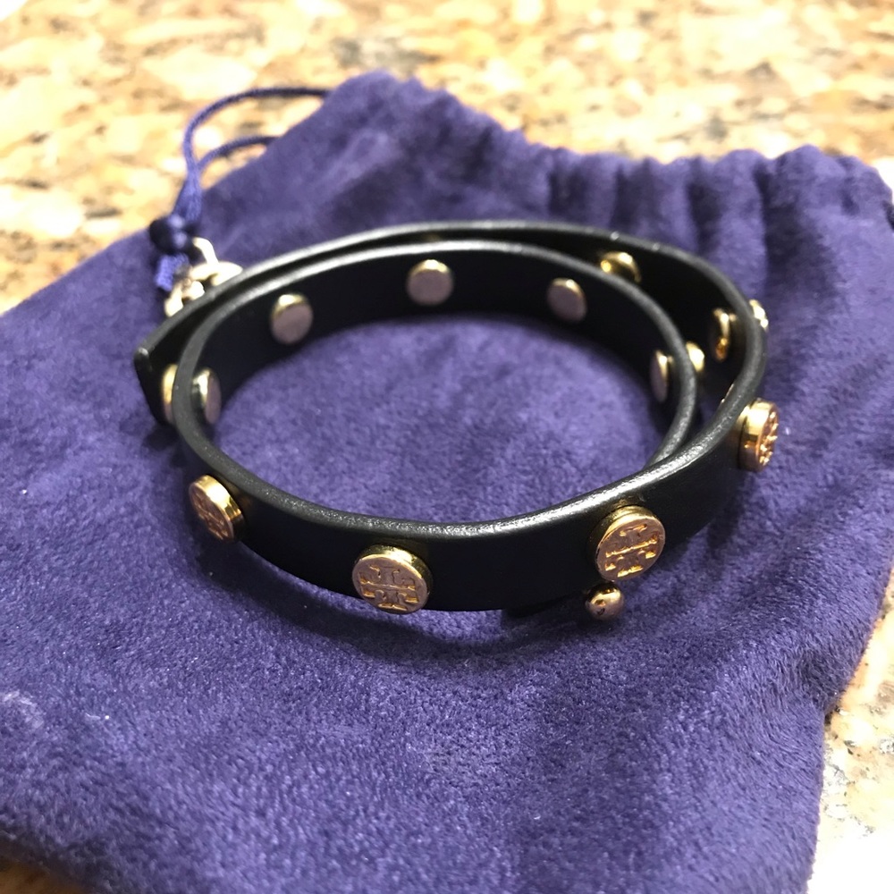 Black Tory Burch Double-Wrap Logo Stud Bracelet